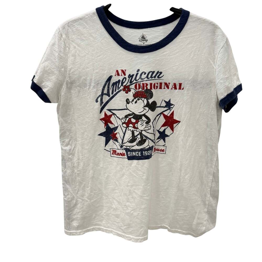 Disney Minnie Mouse Women Medium Ringer T-Shirt American Original White Navy Red